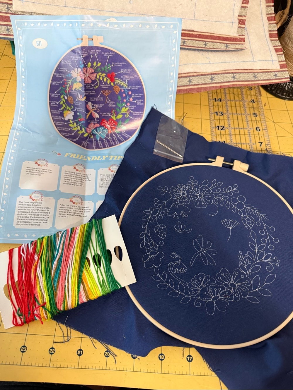 Floral Embroidery Kit with Navy Fabric & Multicolor Floss